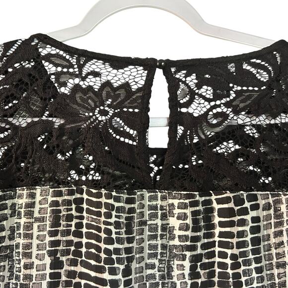 ALYX Top Tunic Blouse Black 1X Geometric Crochet Neck Long Peasant Sleeve Sheer - Picture 6 of 10